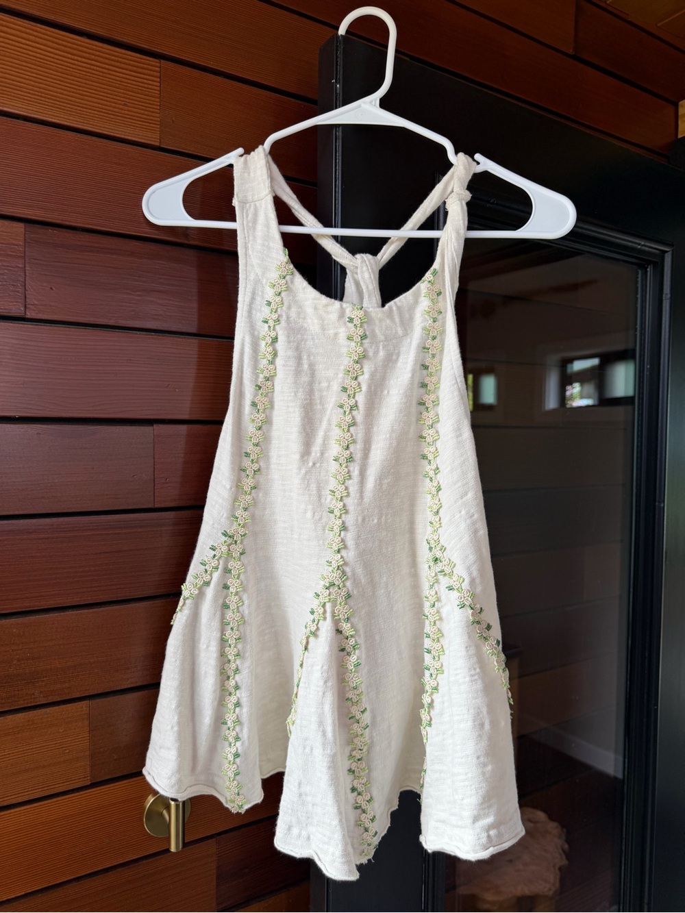 Cream Embroidered Tank Dress with Green Floral Trim